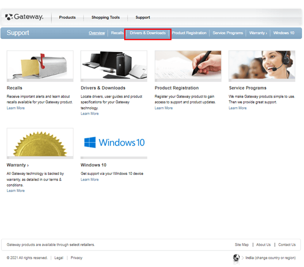Офіційний веб-сайт Gateway і натисніть Драйвери та завантаження
