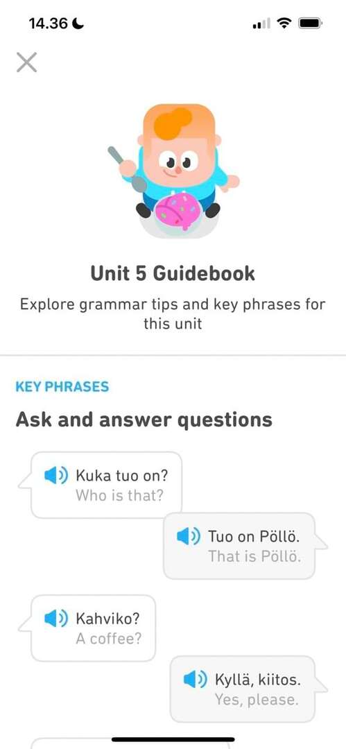 Snímka obrazovky zobrazujúca príručku v Duolingo