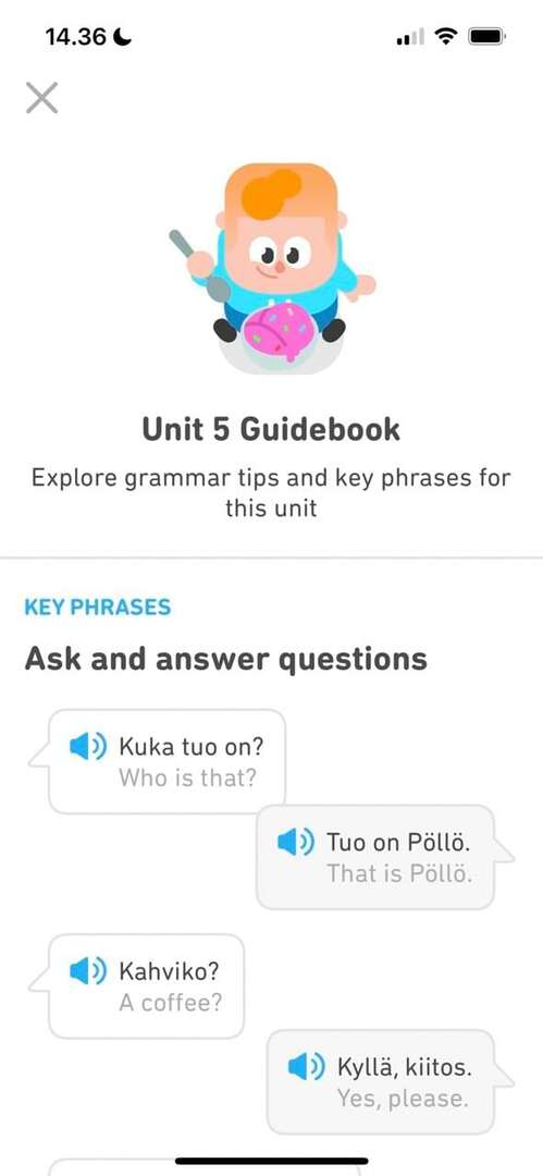 Captura de tela mostrando um guia no Duolingo