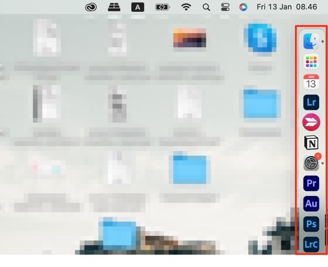 Snímek obrazovky ukazující přemístěný dok v macOS Ventura