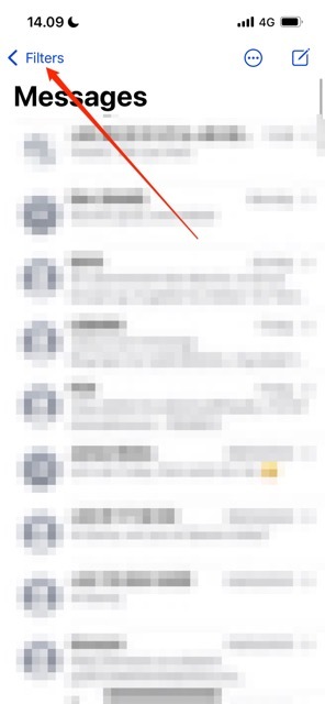 Näyttökuva, jossa näkyy, mistä löydät Suodata viestit -vaihtoehdon iOS: ssä