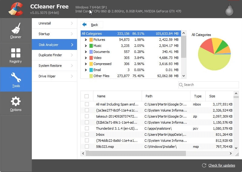 CCleaner - Λογισμικό Disk Space Analyzer