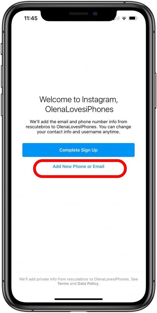 Нажмите «Добавить новый телефон» или «Электронная почта», чтобы создать новую учетную запись Instagram.