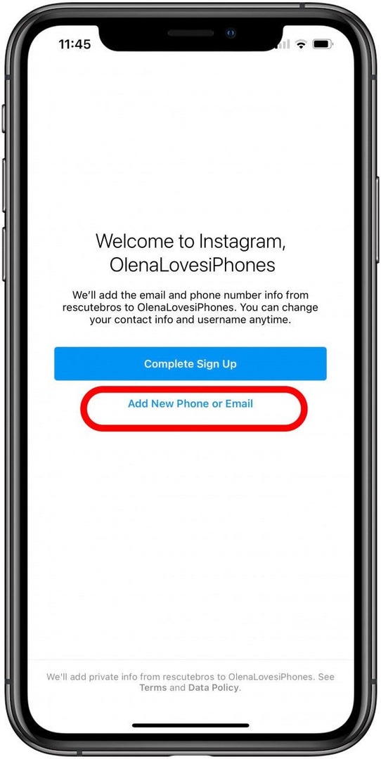 Tocca Aggiungi nuovo telefono o e-mail per creare un nuovo account Instagram.