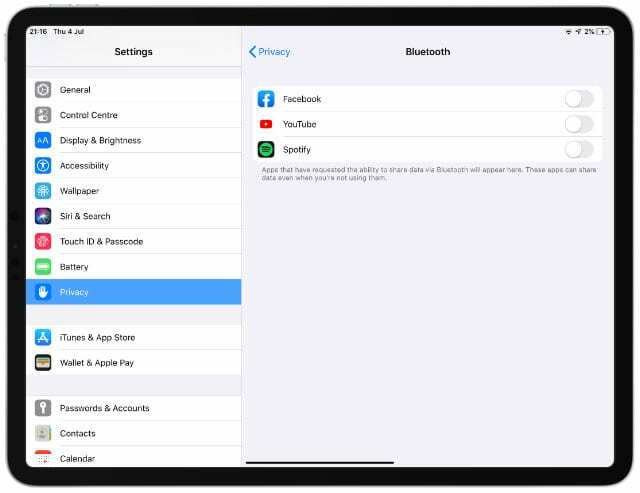 Setări de confidențialitate Bluetooth în iPadOS sau iOS 13
