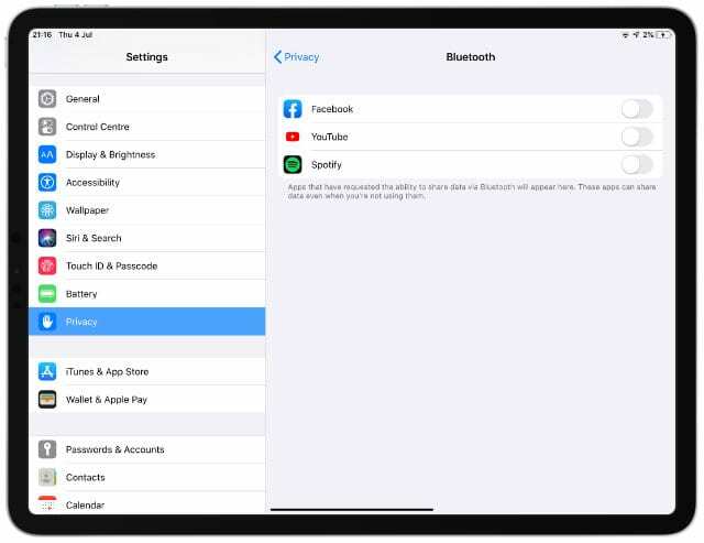 Configurações de privacidade do Bluetooth no iPadOS ou iOS 13