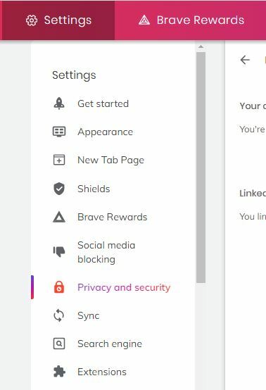 Sincronização de configurações do Brave