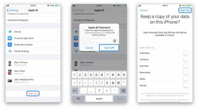 שלושה צילומי מסך המראים כיצד לצאת מ-Apple ID באייפון