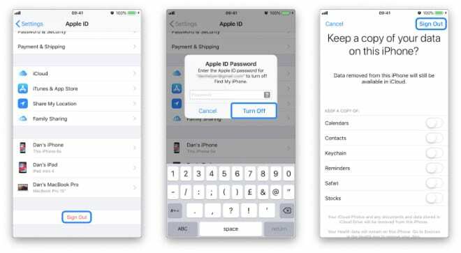 Tri snímky obrazovky ukazujúce, ako sa odhlásiť z iCloud na iPhone