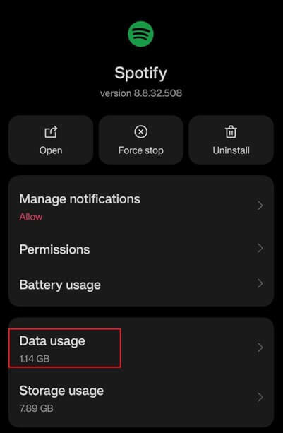 Dodirnite Spotify Data Usage