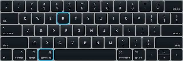 Teclas Command + R no teclado do MacBook.