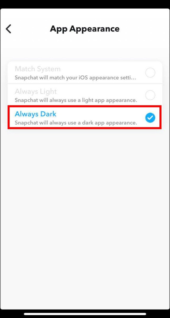 V aplikácii Snapchat prepnite na Vždy tmavé