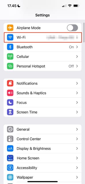 iPhone Wi-Fi nustatymų skirtuko ekrano kopija