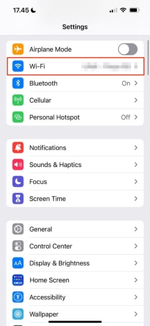 ภาพหน้าจอของแท็บการตั้งค่า Wi-Fi ของ iPhone