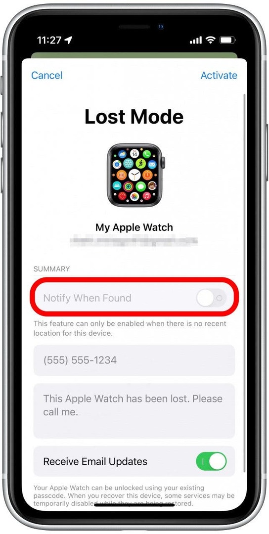Se la posizione del tuo Apple Watch è stata sottoposta a ping di recente, questo interruttore sarà disabilitato.
