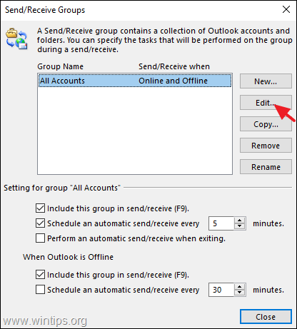 Outlook SendReceive ოფციები