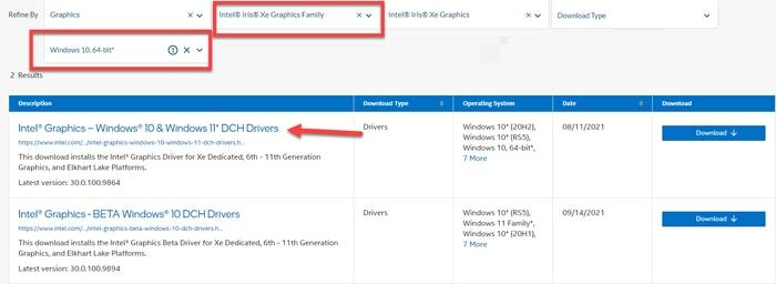 Vælg Intel® Iris® Xe Graphics Family Driver