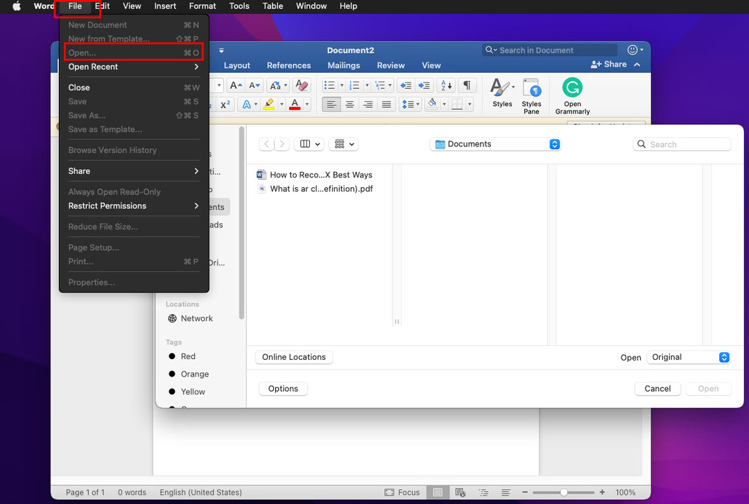 Dijaloški okvir Otvaranje u aplikaciji Word za Mac