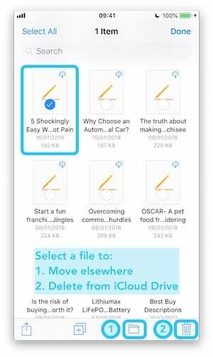 Screenshot der App „Dateien“ auf dem iPhone, der hervorhebt, wie eine Datei verschoben oder gelöscht wird