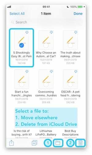 Snímek obrazovky aplikace Soubory na iPhone se zvýrazněním toho, jak přesunout nebo odstranit soubor