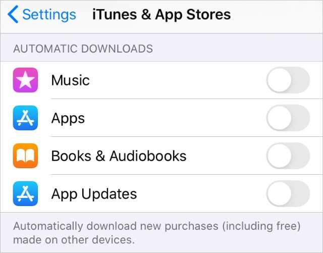 Automātiskās lejupielādes ir izslēgtas iTunes un App Store iestatījumiem