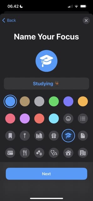 Captura de tela mostrando as cores e os ícones do Focus Mode para personalizar no iOS