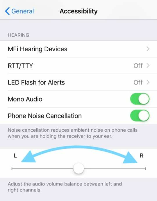손쉬운 사용 설정 iPhone에서 왼쪽과 오른쪽 사이의 듣기 슬라이더