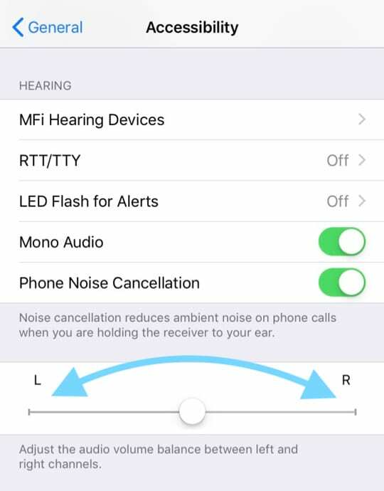 एक्सेसिबिलिटी सेटिंग्स में बाएँ और दाएँ के बीच श्रवण स्लाइडर iPhone
