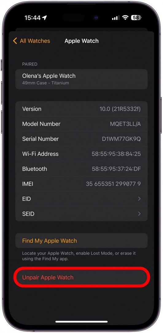 בטל את ההתאמה של Apple Watch שלך מאפליקציית ה-Watch של ה-iPhone שלך, ולאחר מכן הצמד אותו שוב.