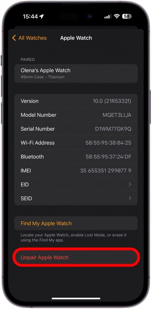 გააუქმეთ თქვენი Apple Watch-ის დაწყვილება iPhone-ის Watch აპიდან, შემდეგ კვლავ დააწყვილეთ.