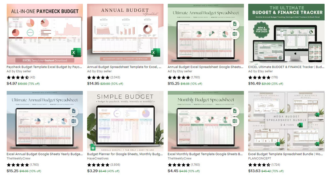 Șabloane de buget Excel plătite pe Etsy