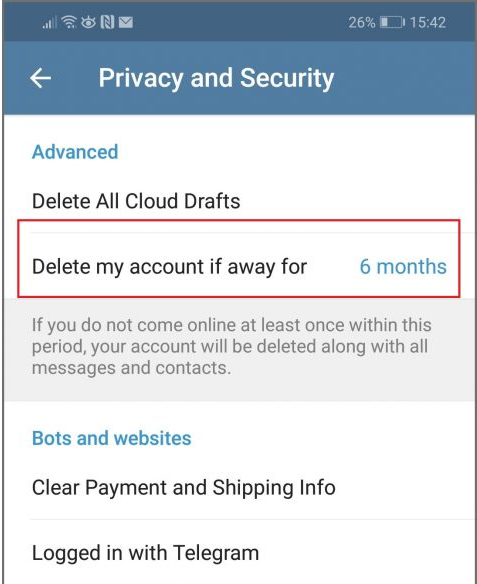 Verwijder uw Telegram-account met behulp van zelfvernietigingsfunctie Stap - 2