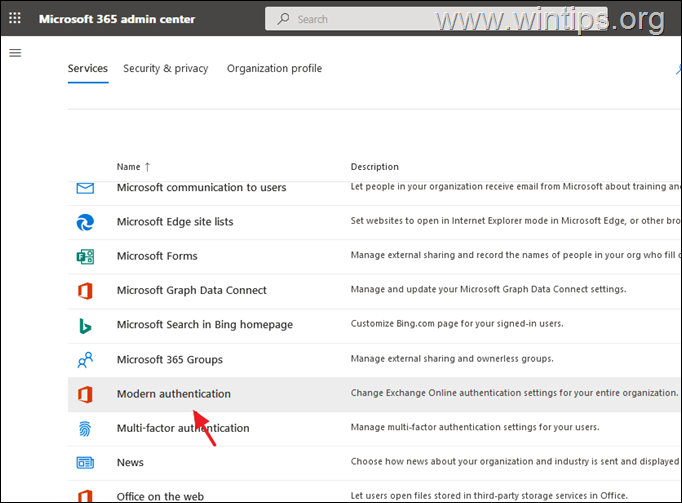 Aktivieren Sie die moderne Authentifizierung Office 365 Admin Center