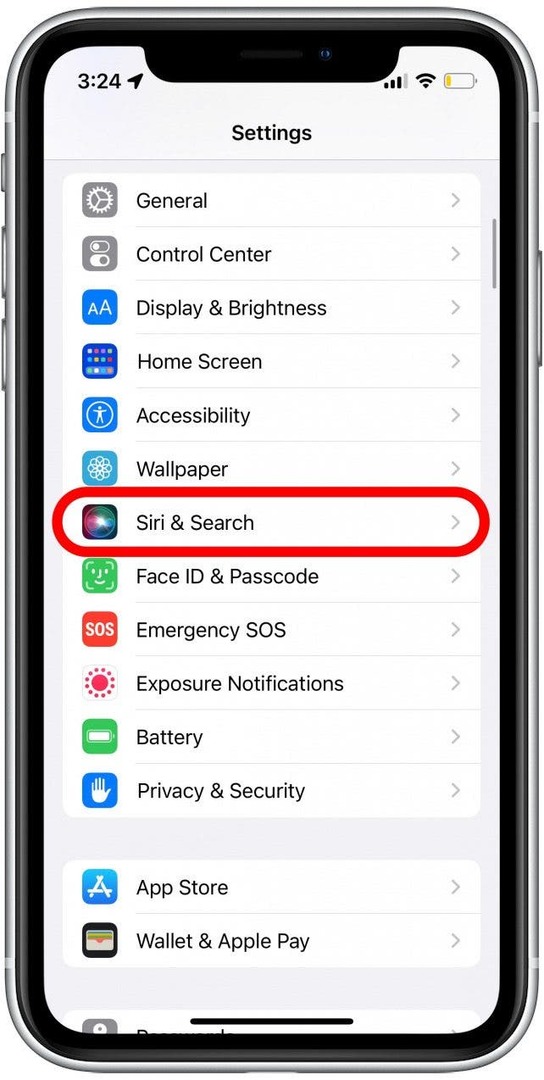 Rul ned og tryk på Siri & Søg.