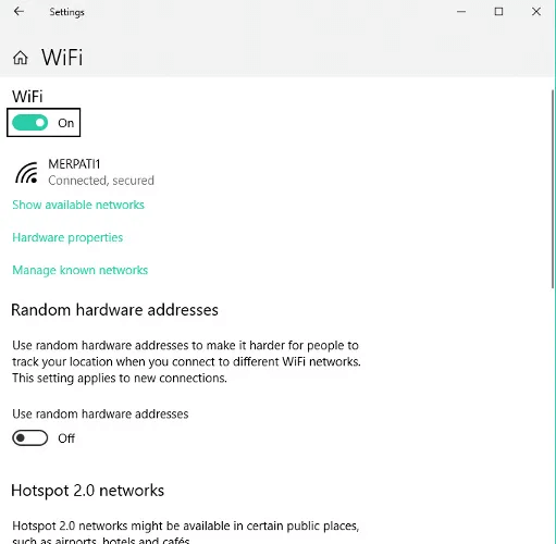 Sužinokite, ar „WiFi“ yra išjungtas, tada įjunkite jį