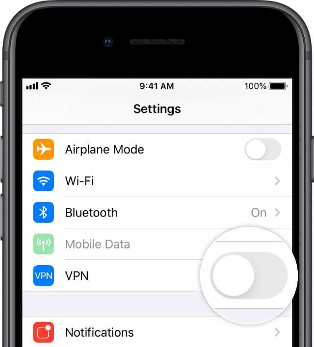 VPN-painike iOS-asetuksissa