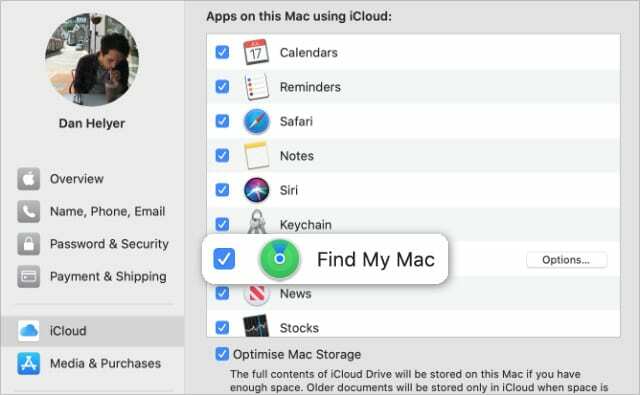 Postavka Find My Mac u postavkama sustava macOS