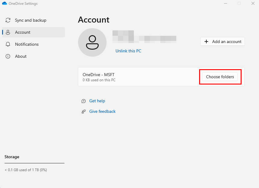 OneDrive Settings Priečinok účtu