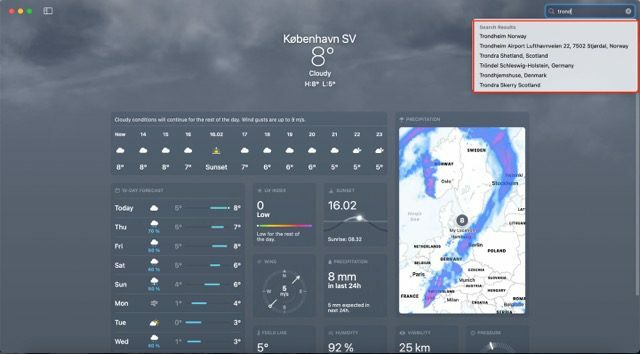 Екранна снимка, показваща резултатите от търсенето в приложението Weather за Mac
