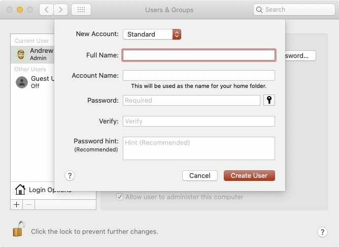 Создать новую учетную запись пользователя Mac