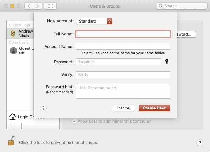 Създайте нов потребителски акаунт Mac