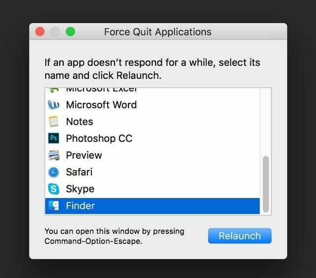 იძულებით დატოვება Finder macOS