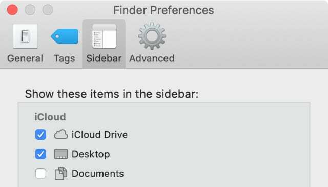 Finder प्राथमिकताओं में iCloud Drive साइडबार व्यू