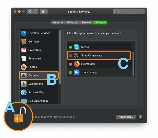 disattiva la fotocamera a scatto nelle impostazioni sulla privacy del mac per la fotocamera 