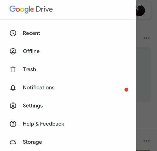 options de stockage Google Drive sous Menu