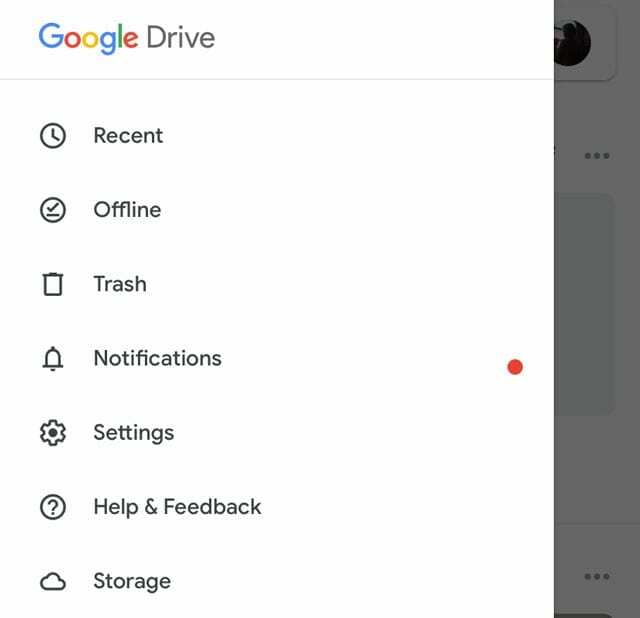 opțiuni de stocare Google Drive din Meniu