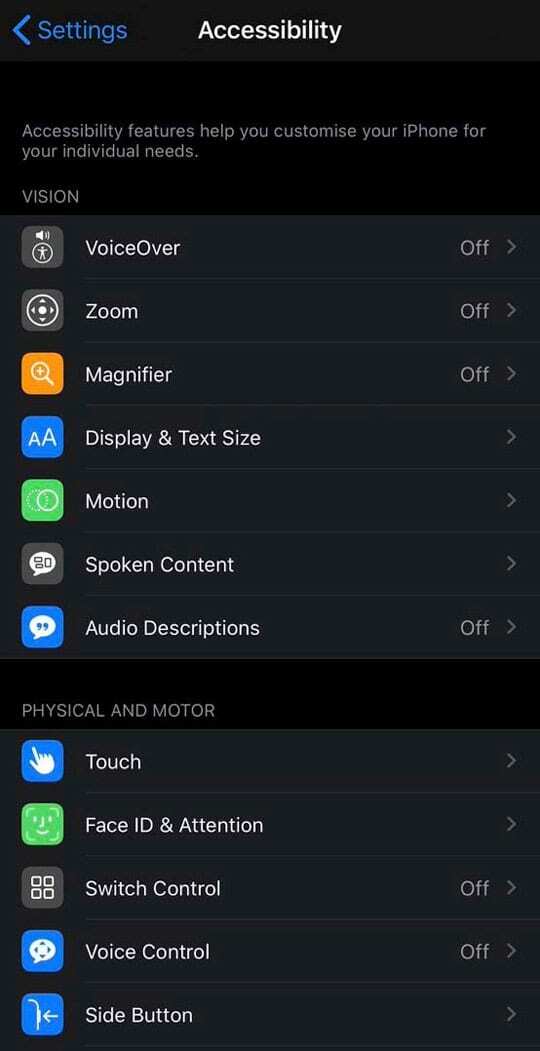 configuración de accesibilidad en iO13 y iPadOS