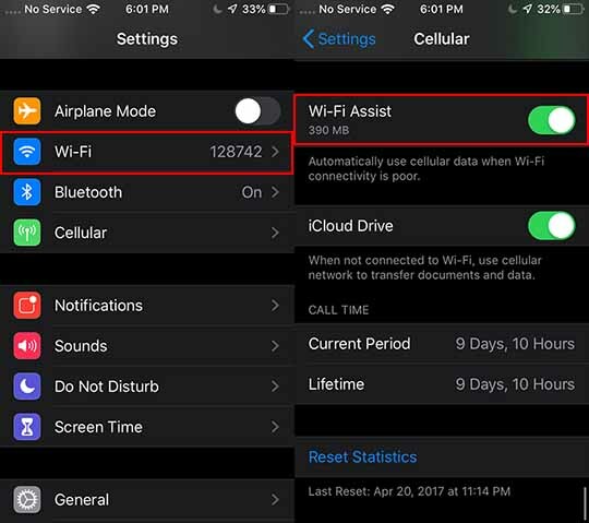 iOS 13 akumulators — Wi-Fi Assist