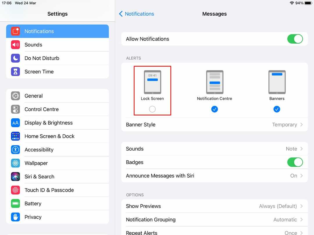 आईपैड सेटिंग्स में लॉक स्क्रीन नोटिफिकेशन।