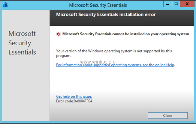 Kesalahan pencopotan Security Essentials 0x8004FF04